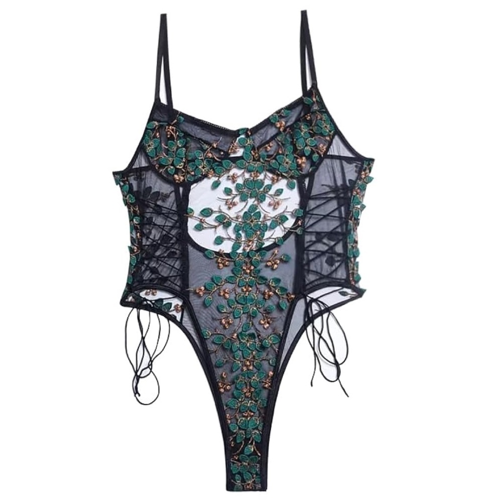 NWOT Black and Green Floral Lace Lingerie Bodysuit (Never Worn)